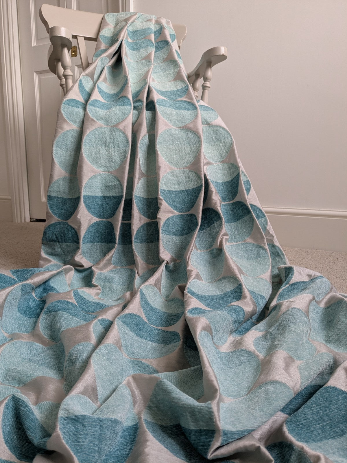 Next Curtains W168 x L229cm Turquoise Beige Eyelet Retro Embroidered Circles