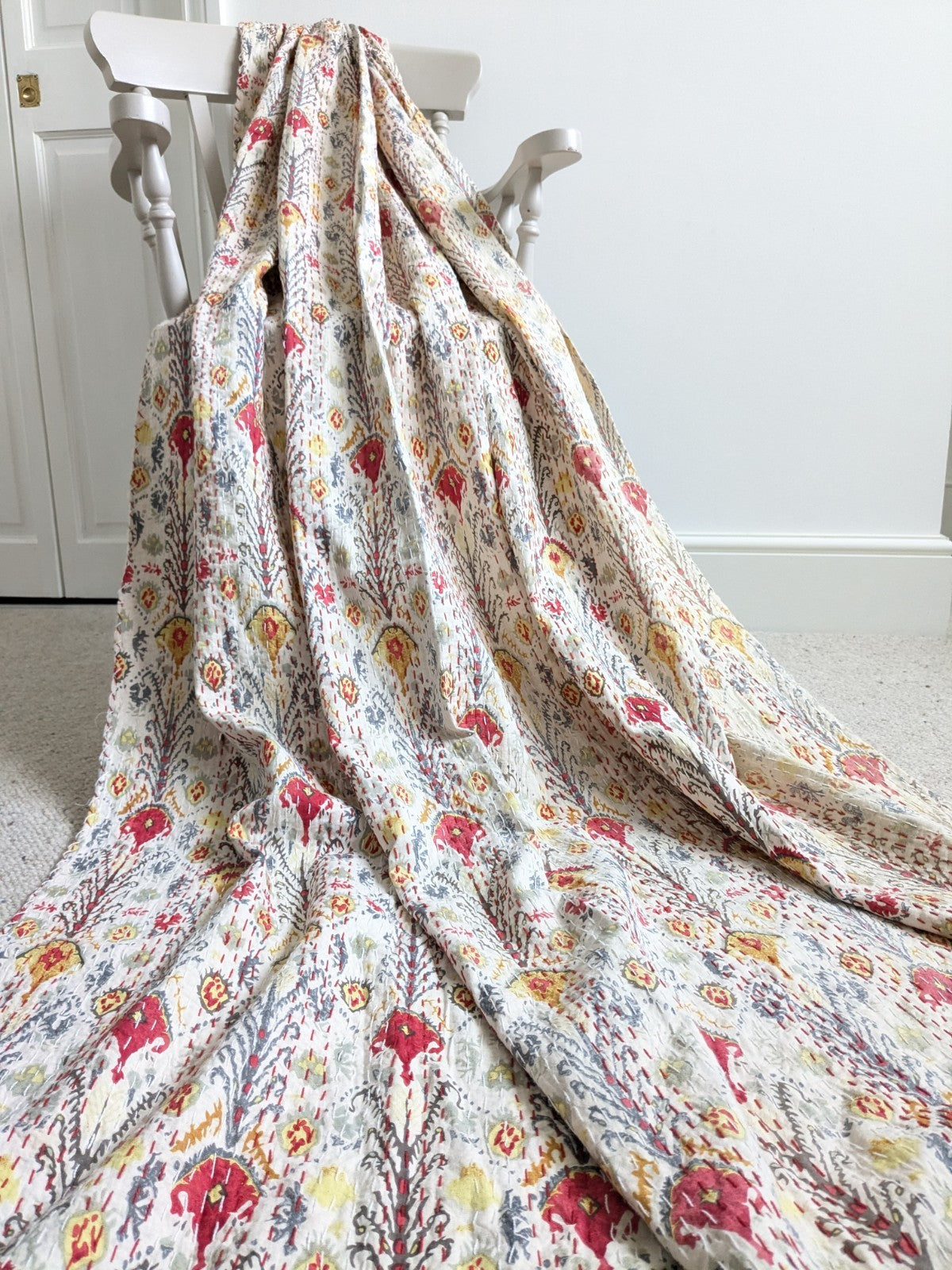 Single Door Curtain Quilted Kantha Throw Pencil W134 x 206 cm Red Yellow READ D.