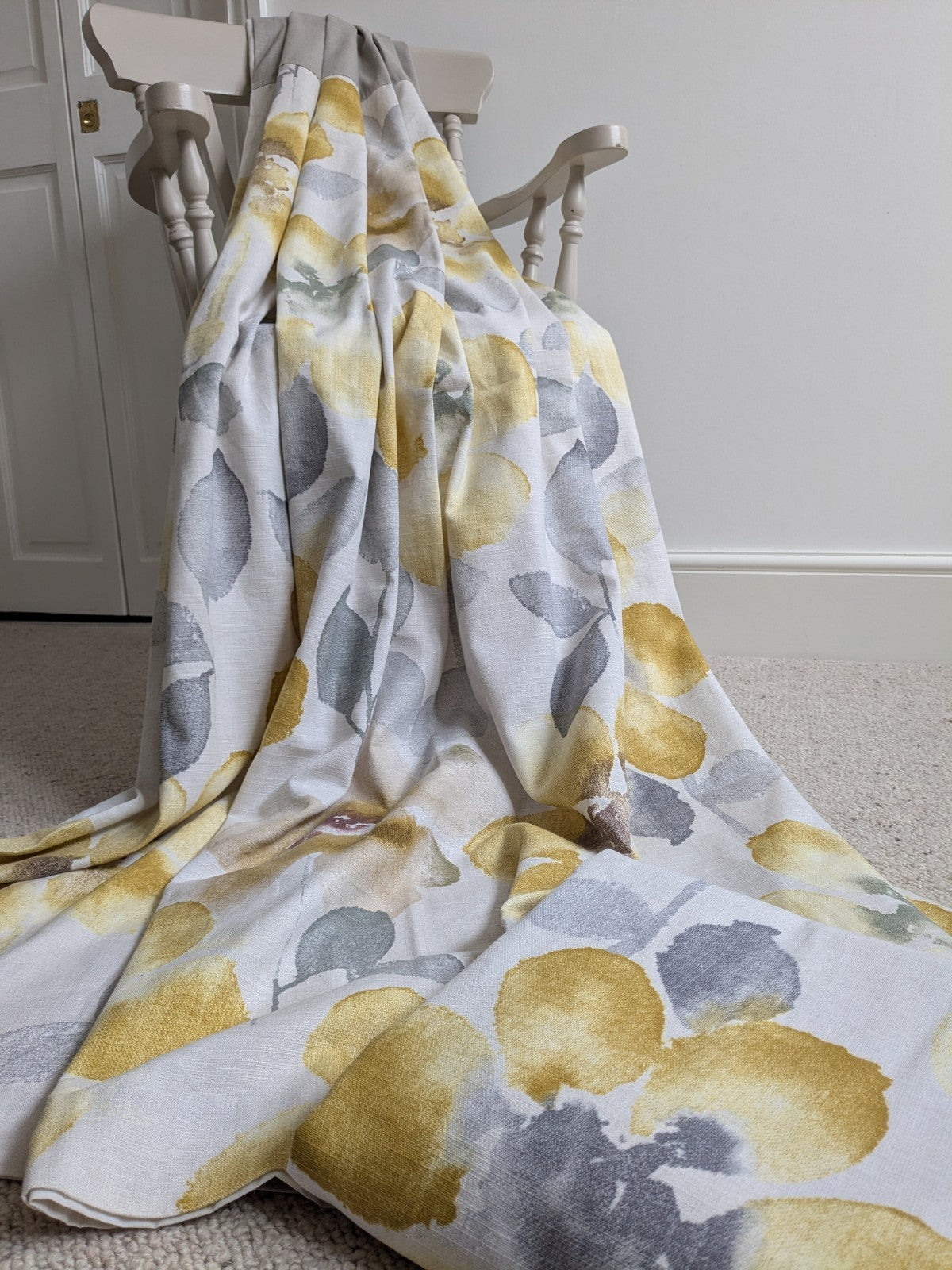 Next Long Cotton Eyelet Curtains 168 x 183 cm W66xD72in Lined Yellow Floral Grey