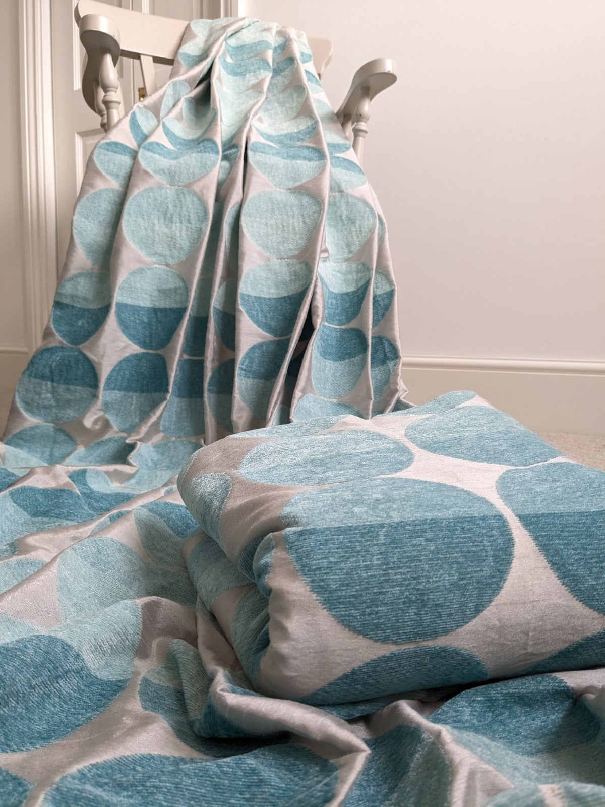 Next Curtains W168 x L229cm Turquoise Beige Eyelet Retro Embroidered Circles