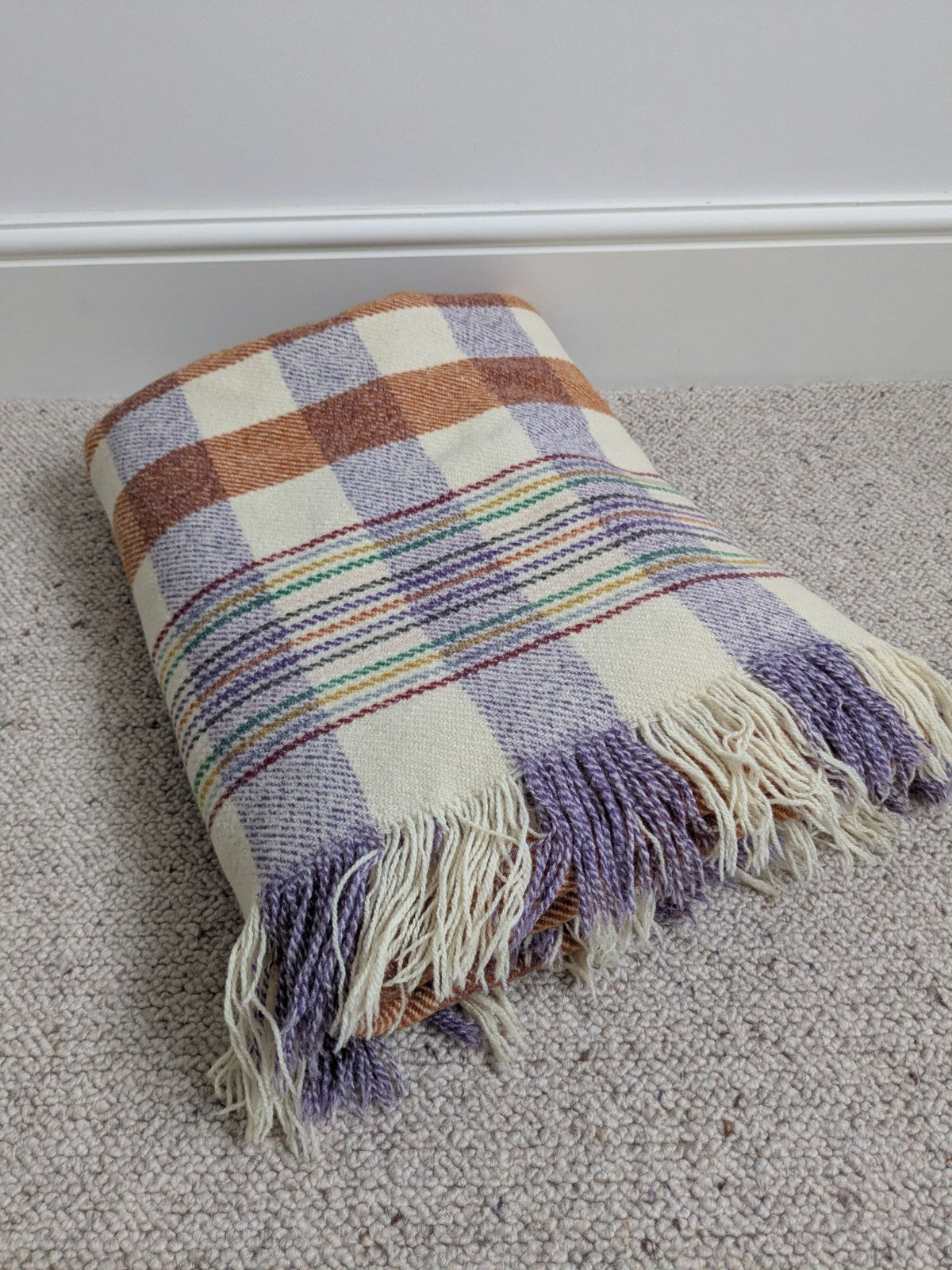 Vintage Welsh Wool Blanket Cream Orange Purple Bedspread Throw 200x190cm READ D