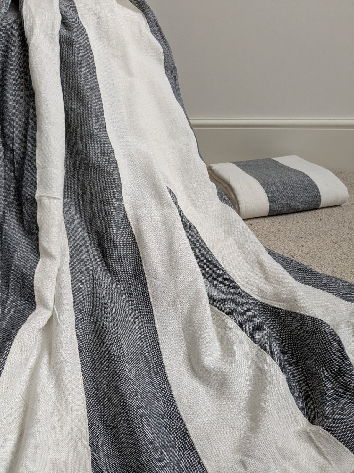 Linen Blend Curtains W168 x L182 cm Blue Off-white Wide Stripes Eyelet Nautical