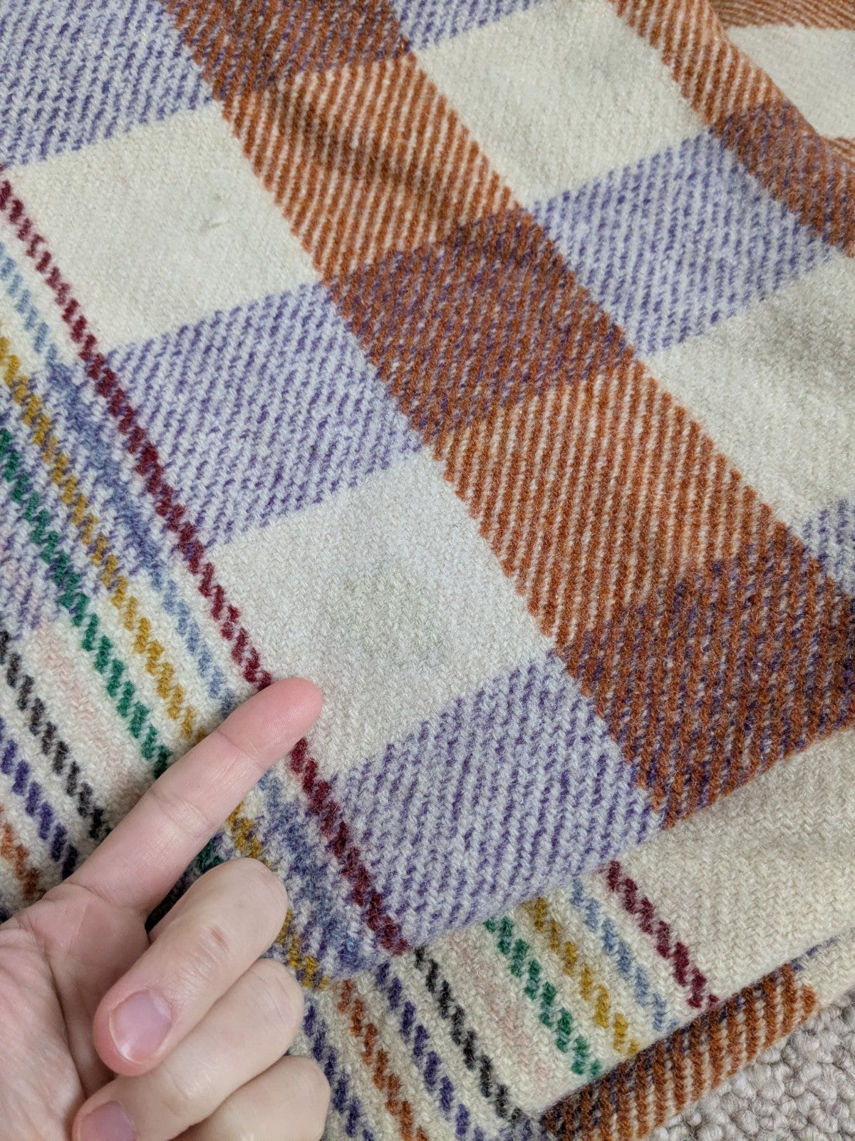 Vintage Welsh Wool Blanket Cream Orange Purple Bedspread Throw 200x190cm READ D