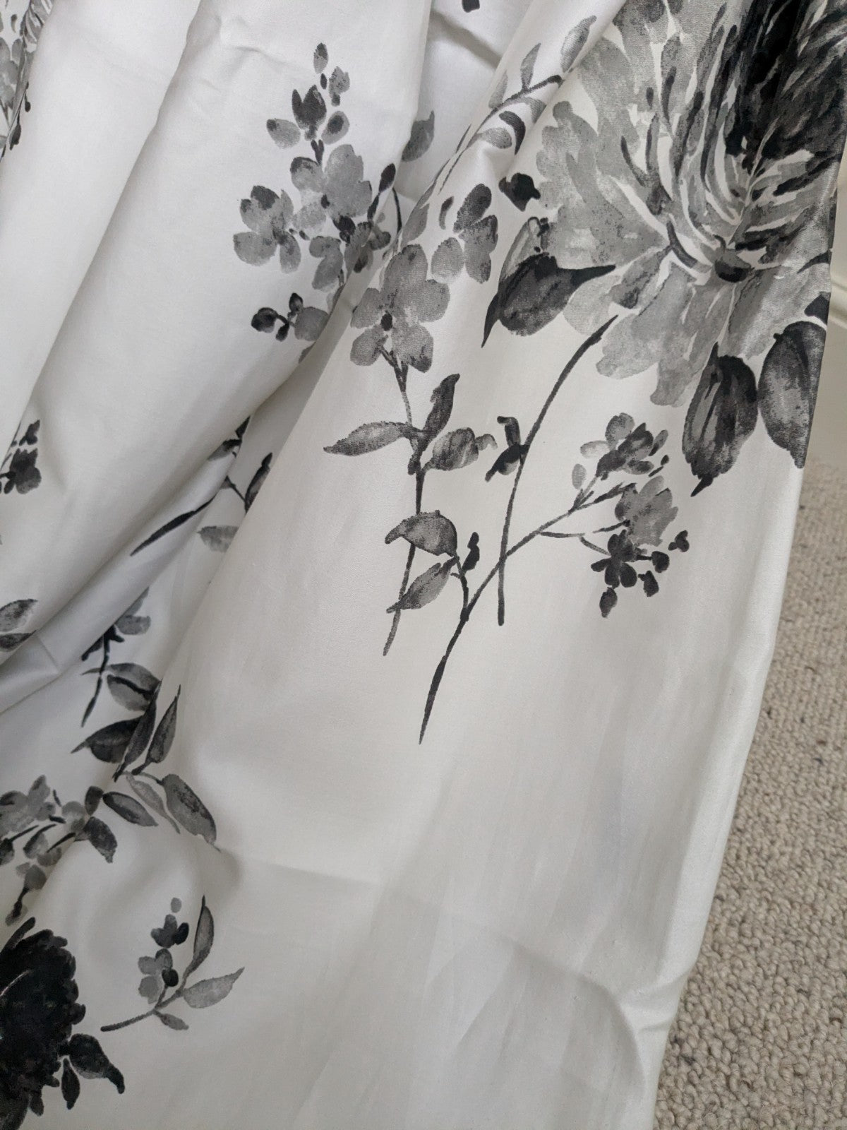 Julian Charles Lined Floral White & Charcoal Long Curtains Eyelet W64" x D90"