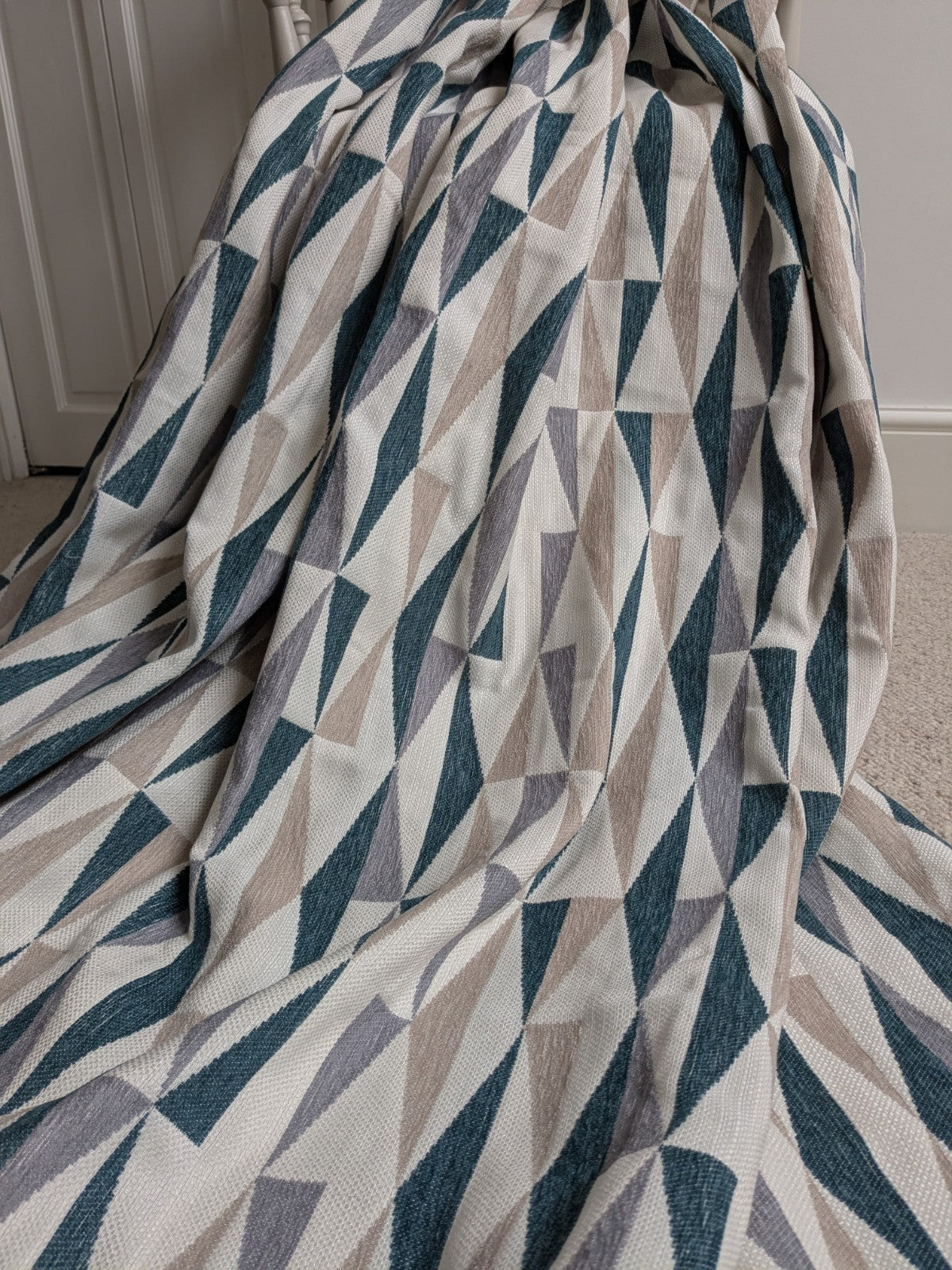 Dunelm Large Geometric Blue Beige Lined Heavy Eyelet Curtains W168 x D182 cm