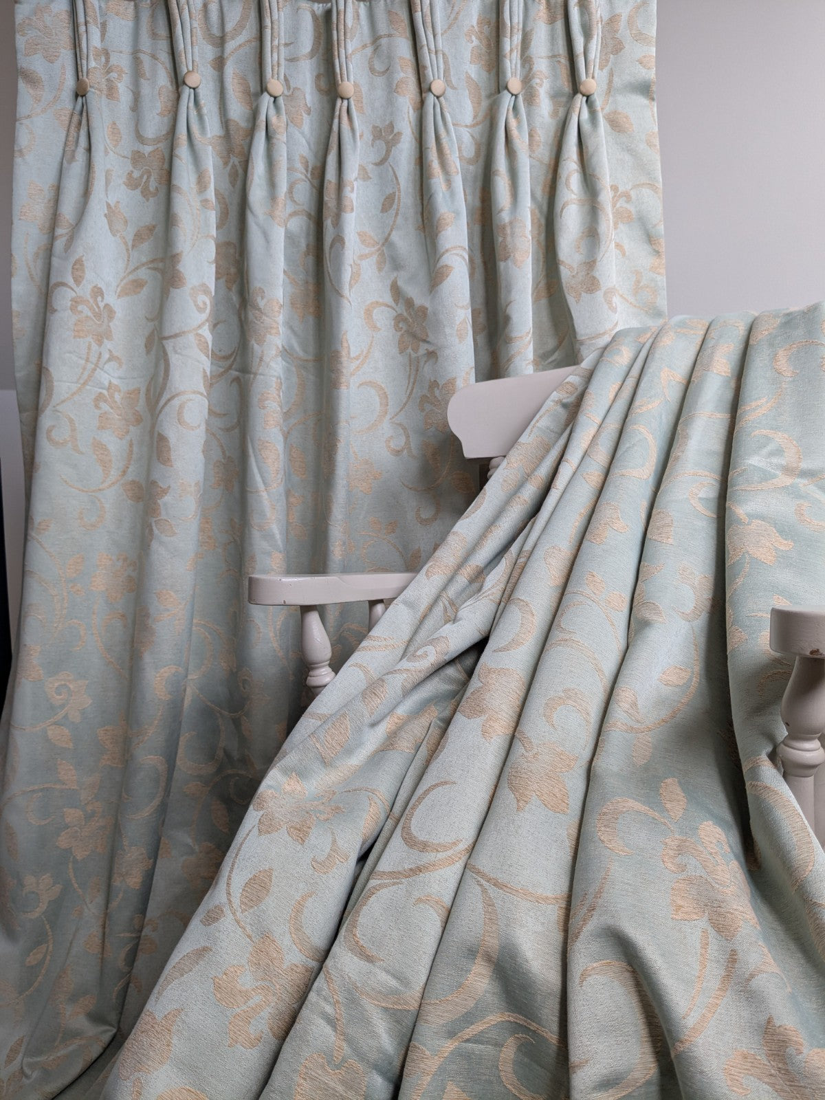 Warm Damask Interlined Curtains W36 x L85 in Duck Egg Blue Satin Jacquard Floral