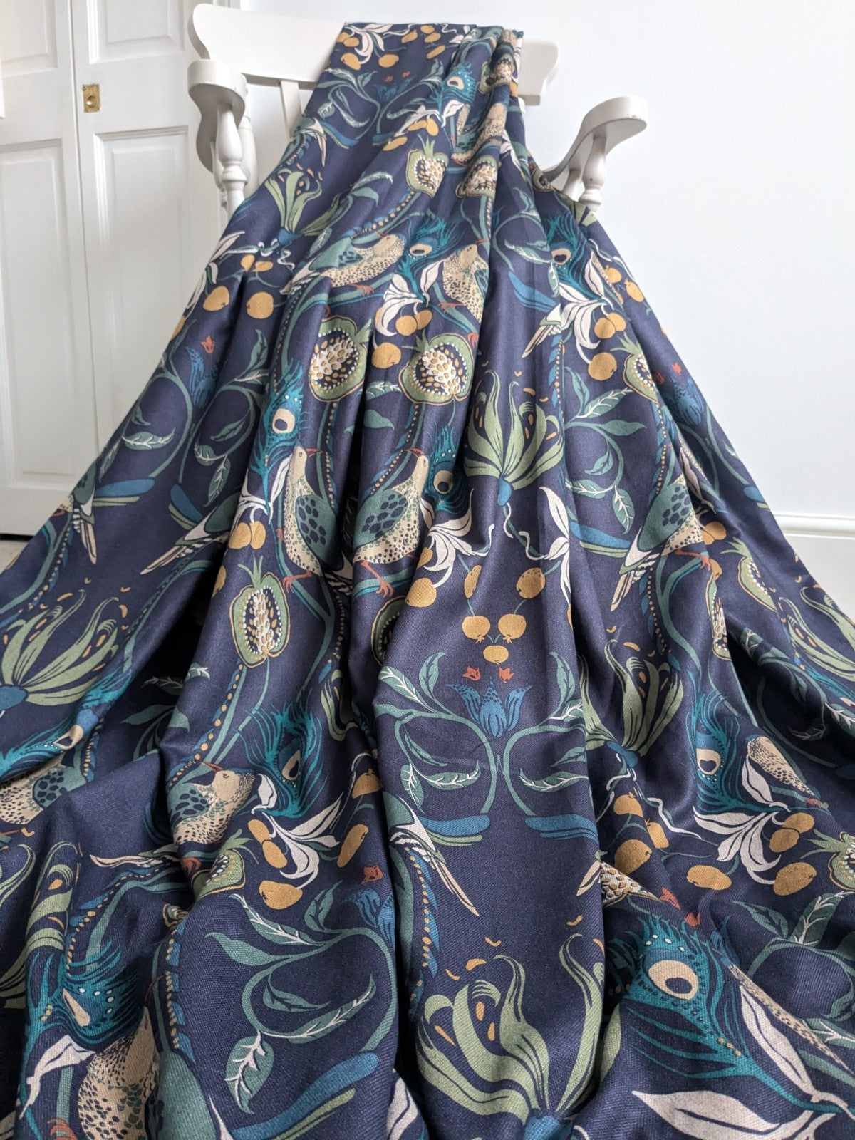 Dunelm Curtains W228 x L182 cm Havisham Navy Blue Fully Lined Eyelet Bird Print